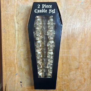 Halloween Decor Two Piece Light Gold Colored Stacked Skull Candlestick Set